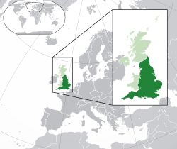 Location of &nbsp;England&nbsp;&nbsp;(dark green)–&nbsp;in Europe&nbsp;&nbsp;(green &&nbsp;dark grey)–&nbsp;in the United Kingdom&nbsp;&nbsp;(green)